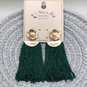 Gold flower long green fabric tassel fringe earrings dressy statement night out